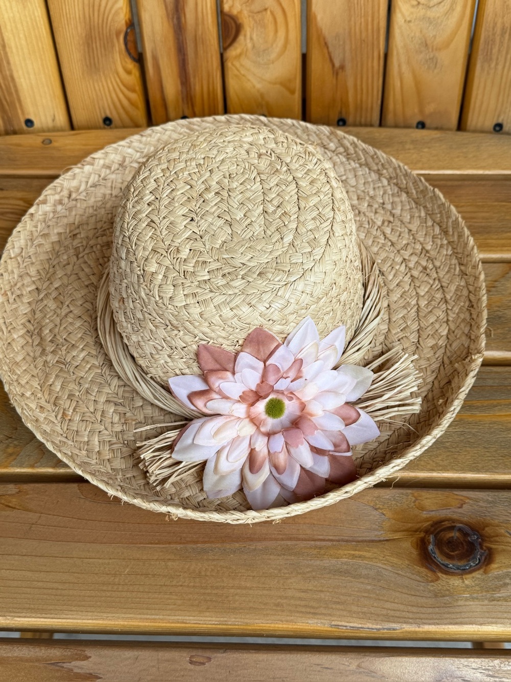 Straw Sun Hat with Neutral Flower Accent